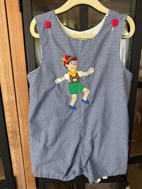Vintage Pinocchio Applique shortall Jon Jon romper gingham embroidered toddler
